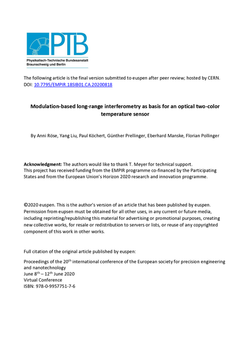 Modulation-based long-range interferometry as basis for an optical two-color temperature sensor