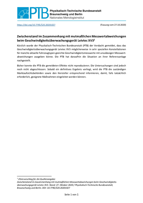 Zwischenstand im Zusammenhang mit mutmaßlichen Messwertabweichungen beim Geschwindigkeitsüberwachungsgerät Leivtec XV3