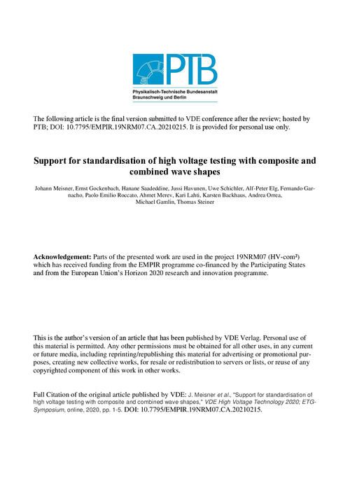 Support for standardisation of high voltage testing with composite and  combined wave shapes