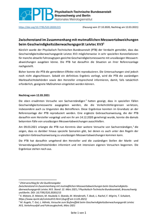 Zwischenstand im Zusammenhang mit mutmaßlichen Messwertabweichungen beim Geschwindigkeitsüberwachungsgerät Leivtec XV3