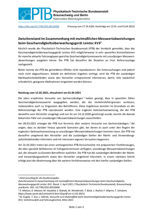 Zwischenstand im Zusammenhang mit mutmaßlichen Messwertabweichungen beim Geschwindigkeitsüberwachungsgerät Leivtec XV3