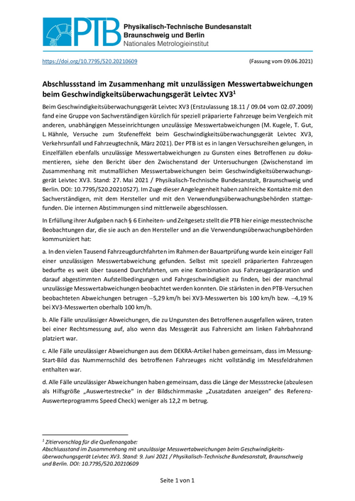 Abschlussstand im Zusammenhang mit unzulässigen Messwertabweichungen beim Geschwindigkeitsüberwachungsgerät Leivtec XV3