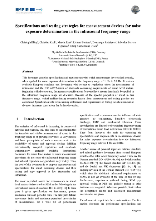 Specifications and testing strategies for measurement devices for noise exposure determination in the infrasound frequency range