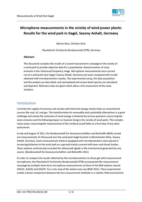 Microphone measurements in the vicinity of wind power plants: Results for the wind park in Gagel, Saxony Anhalt, Germany