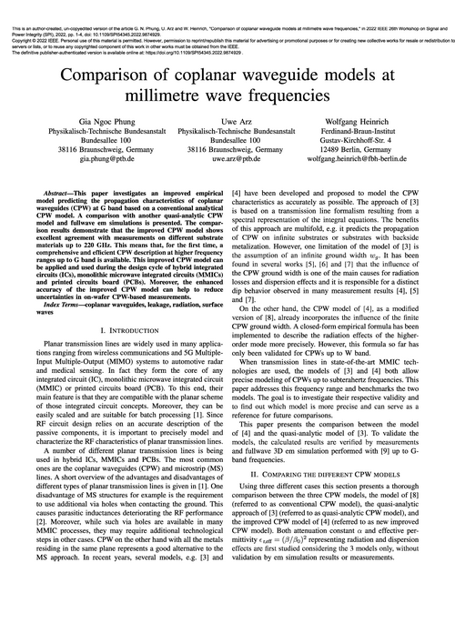 Comparison of coplanar waveguide models at millimetre wave frequencies