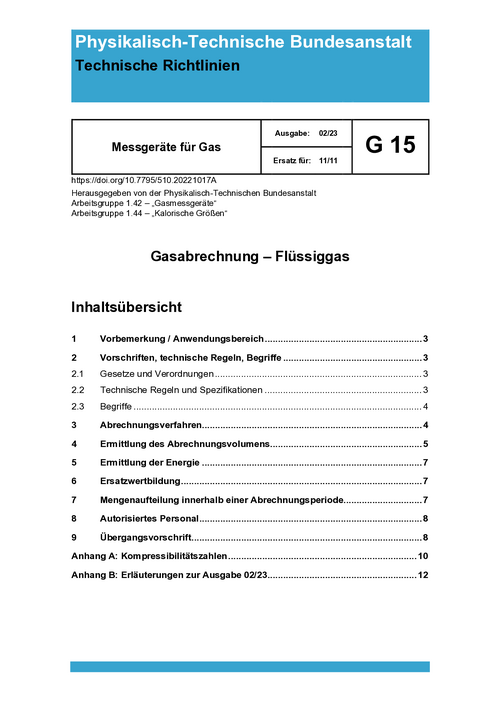 Technische Richtlinien. Messgeräte für Gas. G 15 „Gasabrechnung – Flüssiggas“. Ausgabe Februar 2023