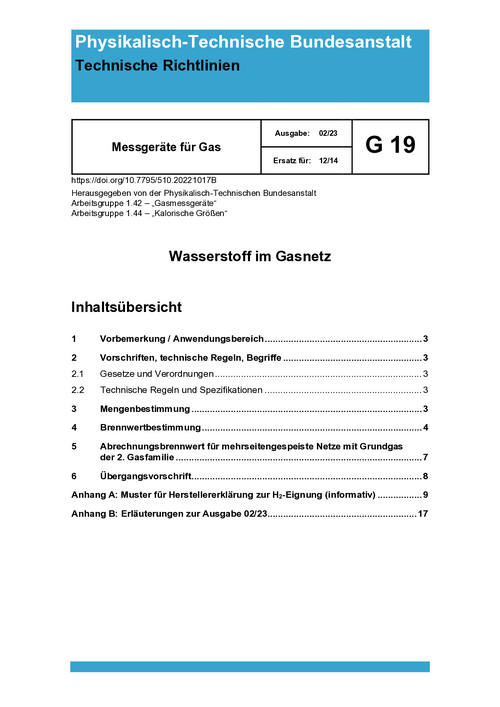 Technische Richtlinien. Messgeräte für Gas. G 19 „Wasserstoff im Gasnetz“. Ausgabe Februar 2023
