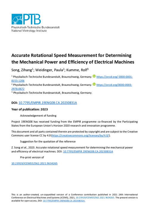 Accurate Rotational Speed Measurement for Determining the Mechanical Power and Efficiency of Electrical Machines
