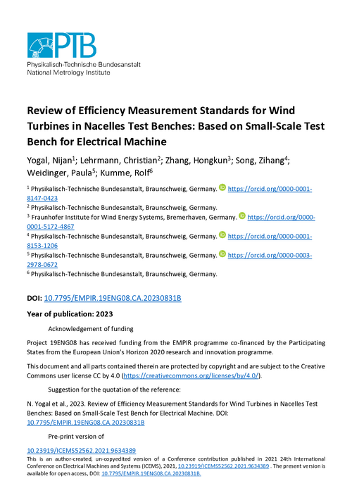 Review of Efficiency Measurement Standards for Wind Turbines on Nacelle Test Benches: Based on Small-Scale Test Benches for Electrical Machines