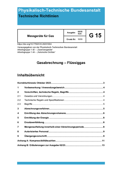 Technische Richtlinien. Messgeräte für Gas. G 15 „Gasabrechnung – Flüssiggas“. Ausgabe Februar 2023 korrigiert