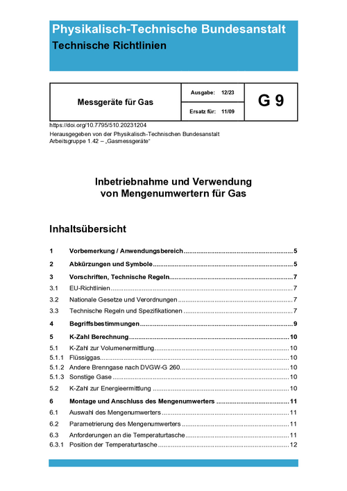 Technische Richtlinien. Messgeräte für Gas. G 9 „Inbetriebnahme und Verwendung von Mengenumwertern für Gas“. Ausgabe Dezember 2023