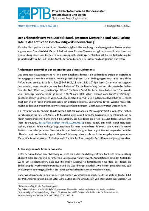 Der Erkenntniswert von Statistikdatei, gesamter Messreihe und Annullationsrate in der amtlichen Geschwindigkeitsüberwachung