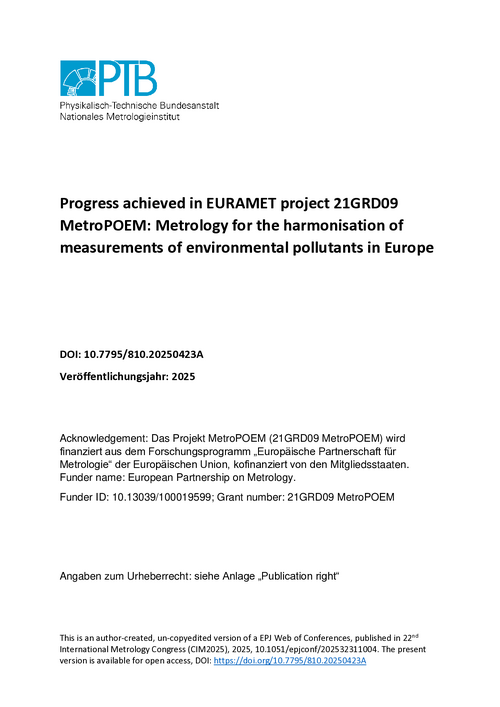 Progress achieved in EURAMET project 21GRD09 MetroPOEM: Metrology for the harmonisation of measurements of environmental pollutants in Europe