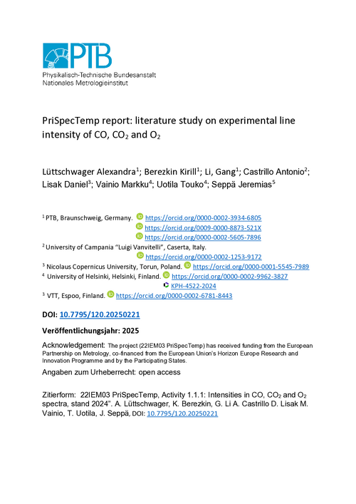 PriSpecTemp report: literature study on experimental line intensity of CO, CO2 and O2