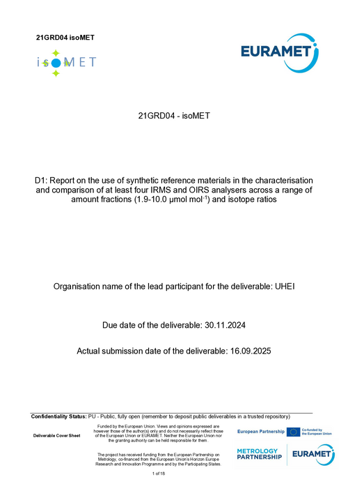 D1: Report on the use of synthetic reference materials in the characterisation and comparison of at least four IRMS and OIRS analysers across a range of amount fractions (1.9-10.0 μmol mol-1 ) and isotope ratios