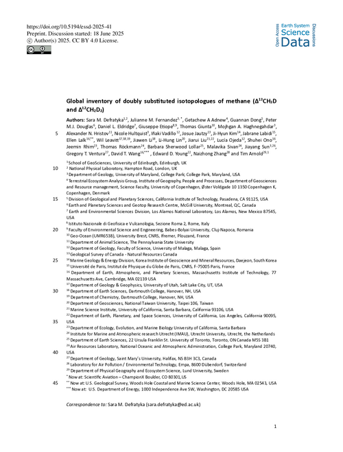 Global inventory of doubly substituted isotopologues of methane (Δ13CH3D and Δ12CH2D2)