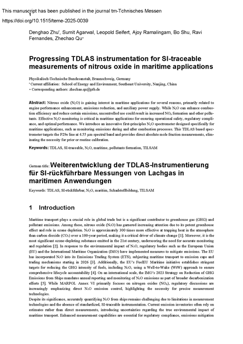 Progressing TDLAS instrumentation for SI-traceable measurements of nitrous oxide in maritime applications