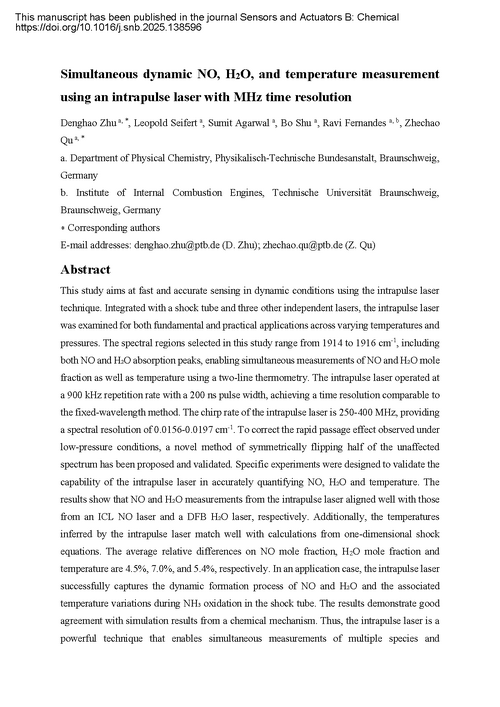 Simultaneous dynamic NO, H2O, and temperature measurement using an intrapulse laser with MHz time resolution