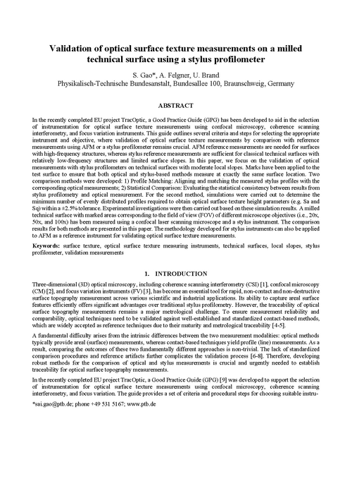 Validation of optical surface texture measurements on a milled technical surface using a stylus profilometer